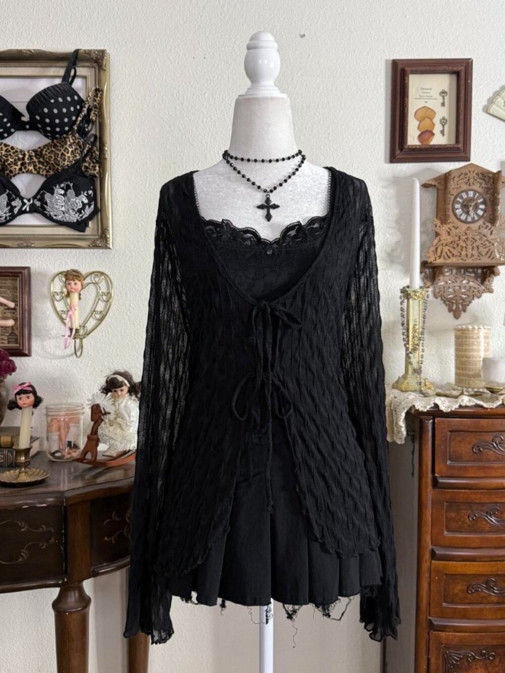 Modern witchy vampy romantic goth sheer black tie front cardigan w flare sleeves